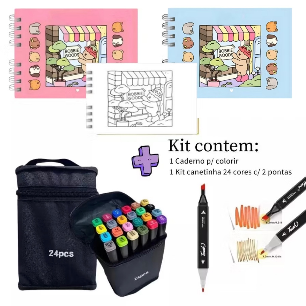 Kit Livro de Colorir Bobbie Goods Capa Dura + Canetinhas Dupla Ponta