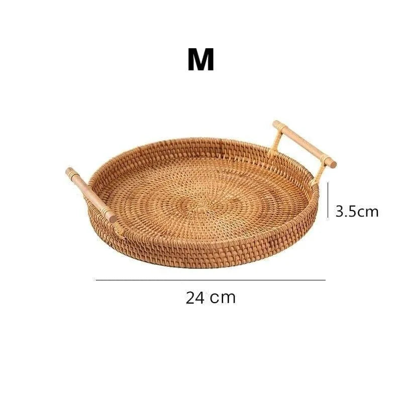 Bandeja Redonda de Vime em Rattan Feita à Mão para Mesa e Decoração Cozinha