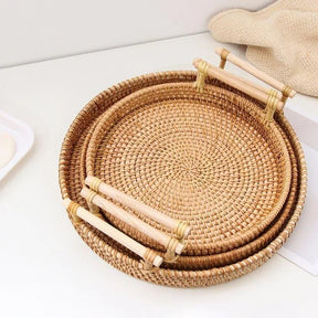 Bandeja Redonda de Vime em Rattan Feita à Mão para Mesa e Decoração Cozinha