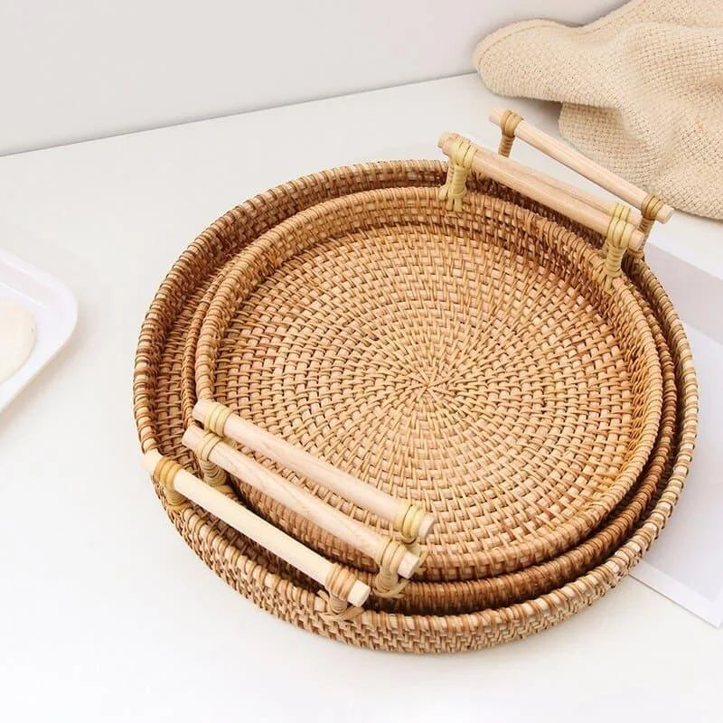 Bandeja Redonda de Vime em Rattan Feita à Mão para Mesa e Decoração Cozinha