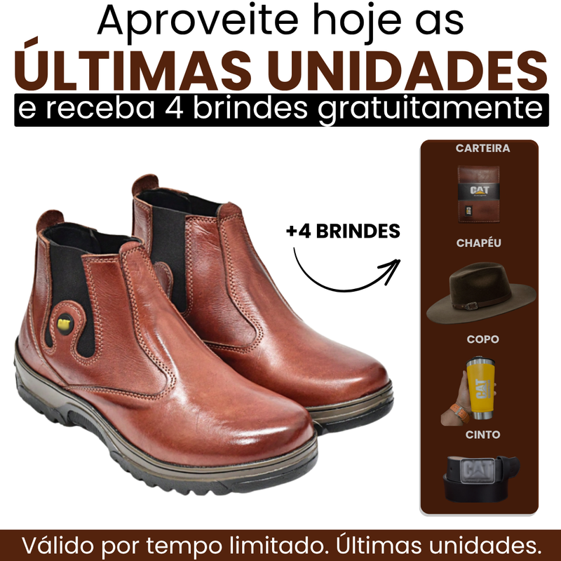 Kit Bota Masculina Adventure em Couro Legítimo e Palmilha Ortopédica +BRINDES: Chapéu, Cinto, Carteira e Copo