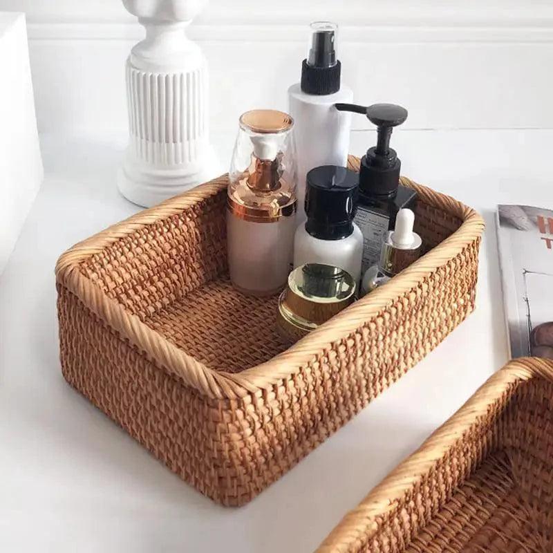 Cesto Organizador de Palha Rattan Feito à Mão para Decoração Natural