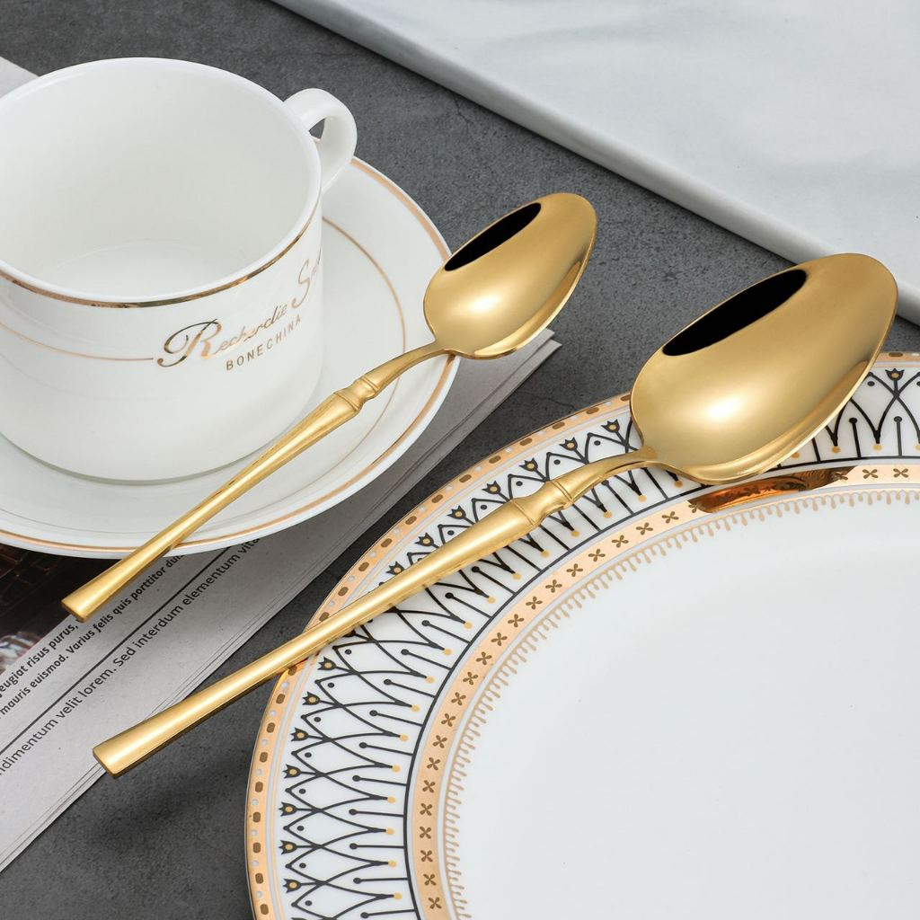 Jogo 24 Peças Talheres Dourado Aço Inox, Faca, Garfo, Colher de Mesa e Sobremesa