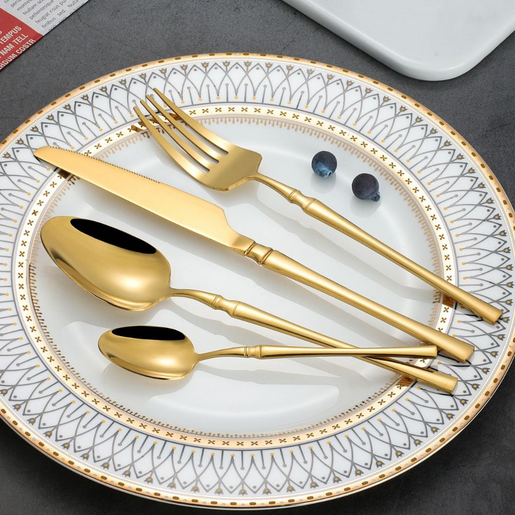Jogo 24 Peças Talheres Dourado Aço Inox, Faca, Garfo, Colher de Mesa e Sobremesa