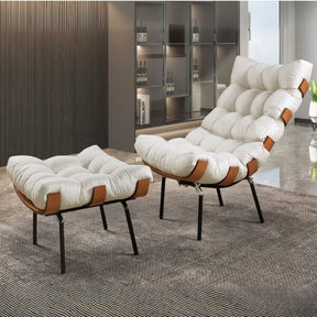 Poltrona Costela com Puff em Linho Bege Off White Estrutura em Madeira e Ferro | Promoção| Delliriun