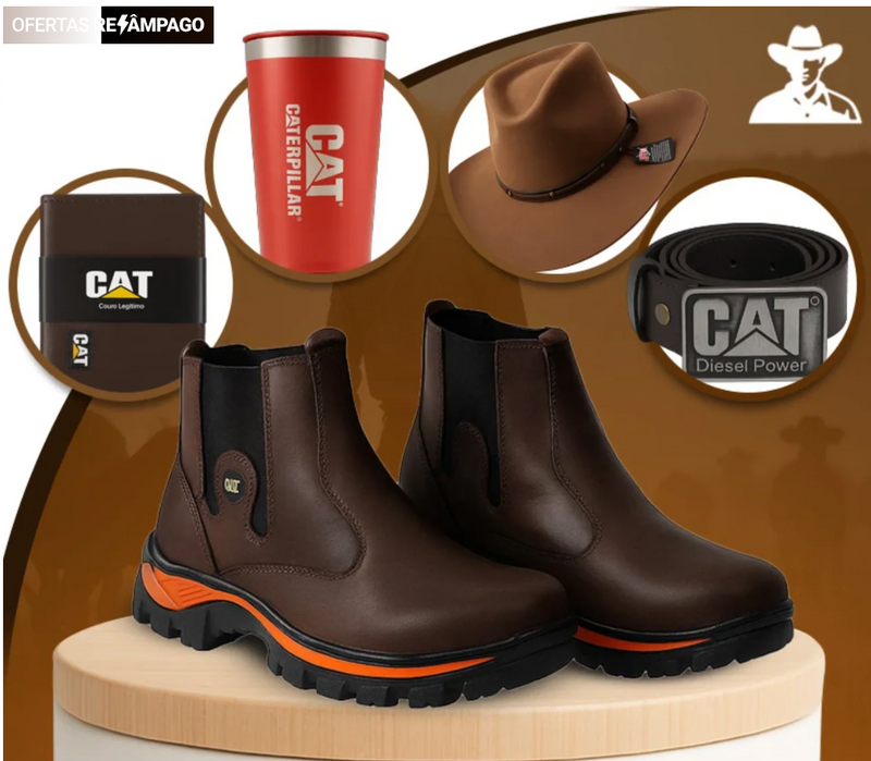 Kit Bota Masculina Adventure em Couro Legítimo e Palmilha Ortopédica +BRINDES: Chapéu, Cinto, Carteira e Copo