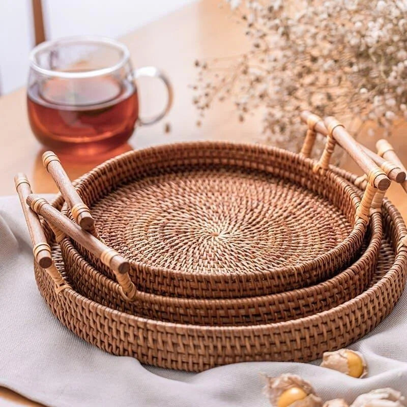 Bandeja Redonda de Vime em Rattan Feita à Mão para Mesa e Decoração Cozinha