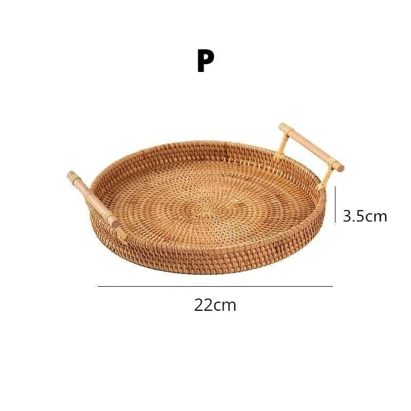 Bandeja Redonda de Vime em Rattan Feita à Mão para Mesa e Decoração Cozinha