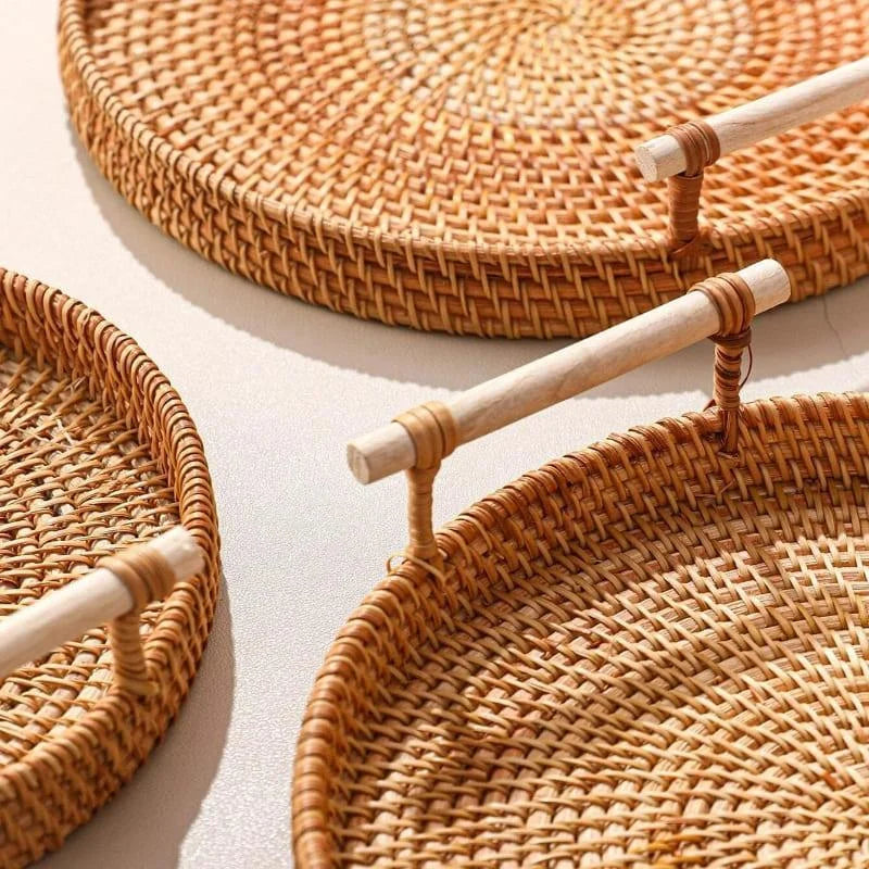 Bandeja Redonda de Vime em Rattan Feita à Mão para Mesa e Decoração Cozinha