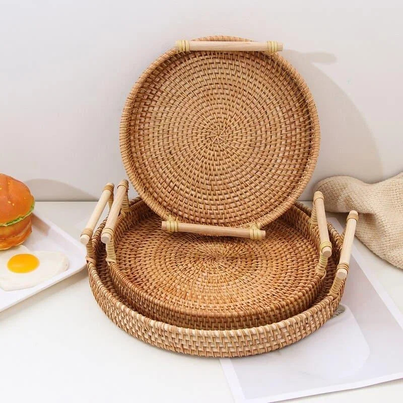 Bandeja Redonda de Vime em Rattan Feita à Mão para Mesa e Decoração Cozinha