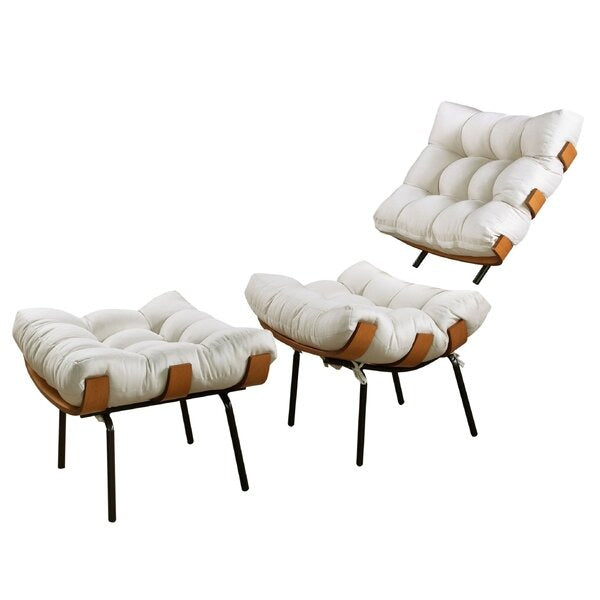 Poltrona Costela com Puff em Linho Bege Off White Estrutura em Madeira e Ferro | Promoção| Delliriun