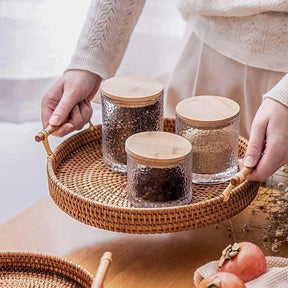 Bandeja Redonda de Vime em Rattan Feita à Mão para Mesa e Decoração Cozinha